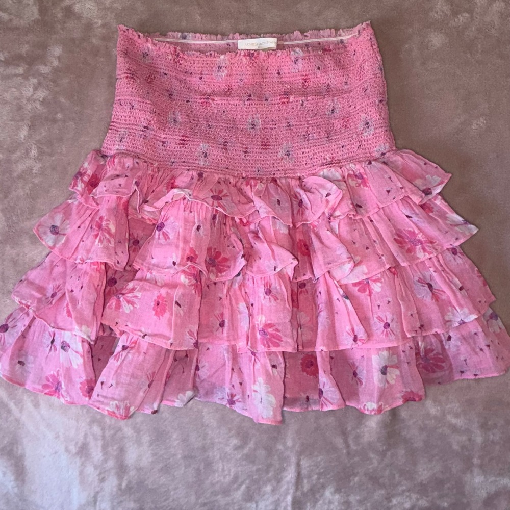 LoveShackFancy Pink Floral Ruffle Mini Skirt Smocked Waist Tiered Boho Womens S